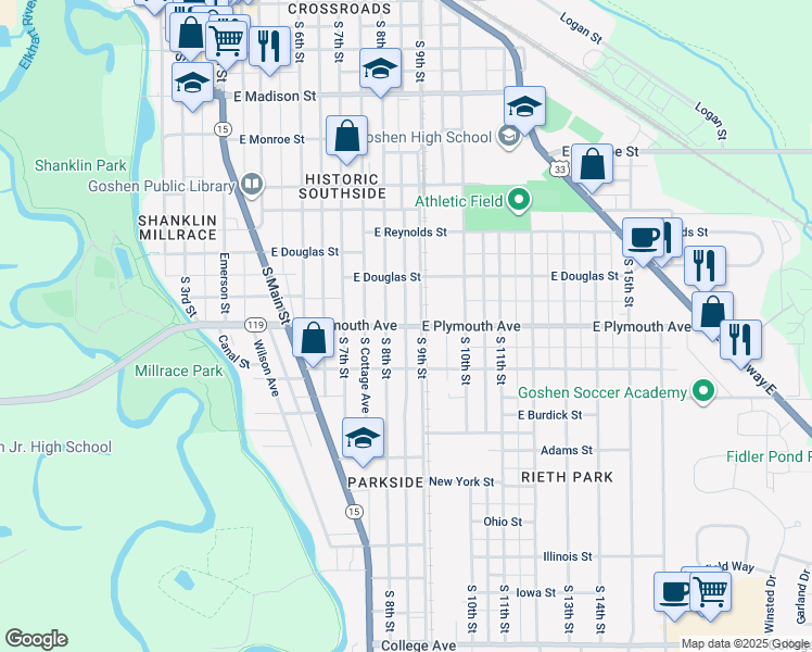 map of restaurants, bars, coffee shops, grocery stores, and more near 507 East Plymouth Avenue in Goshen
