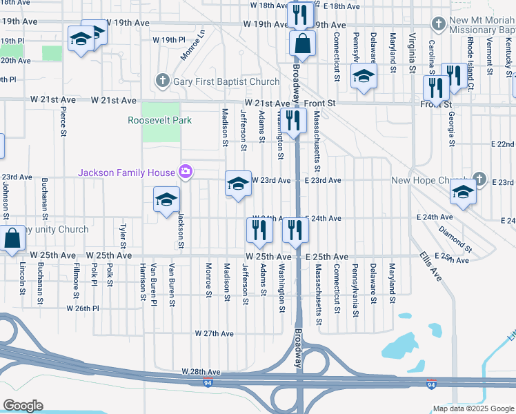 map of restaurants, bars, coffee shops, grocery stores, and more near 2364 Adams Street in Gary