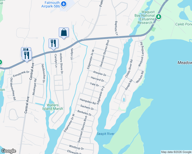 map of restaurants, bars, coffee shops, grocery stores, and more near 93 Seacoast Shores Boulevard in Falmouth