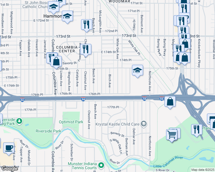map of restaurants, bars, coffee shops, grocery stores, and more near 7606 Birch Ave in Hammond
