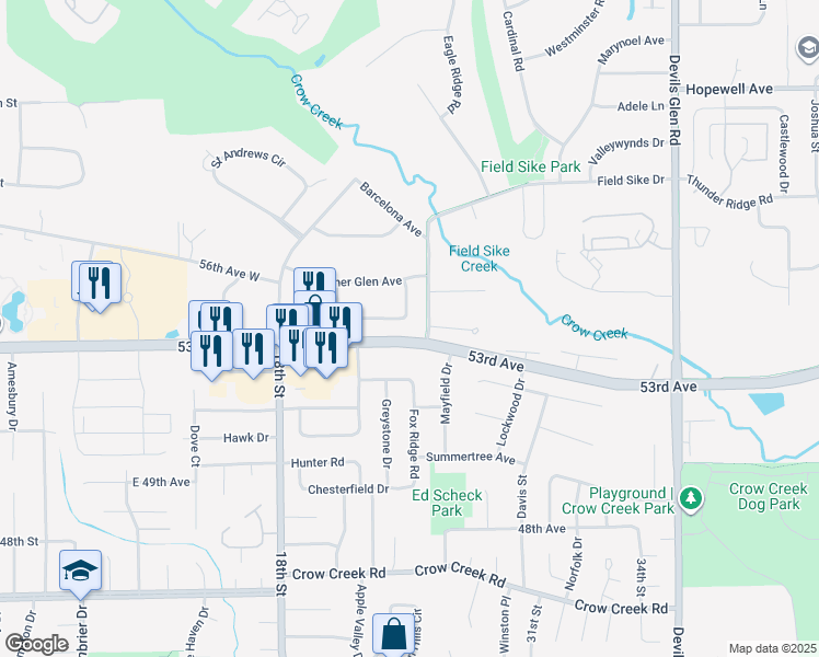 map of restaurants, bars, coffee shops, grocery stores, and more near 5300-5340 Barcelona St in Bettendorf