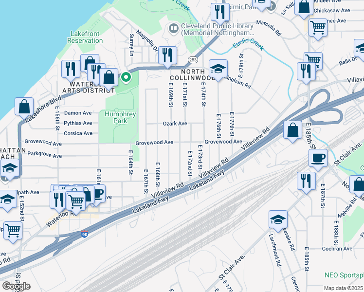 map of restaurants, bars, coffee shops, grocery stores, and more near 17002 Grovewood Avenue in Cleveland