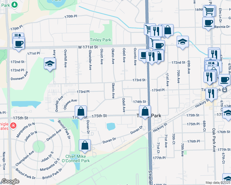 map of restaurants, bars, coffee shops, grocery stores, and more near 17337 Oketo Avenue in Tinley Park