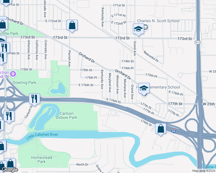 map of restaurants, bars, coffee shops, grocery stores, and more near 7606 Maryland Avenue in Hammond