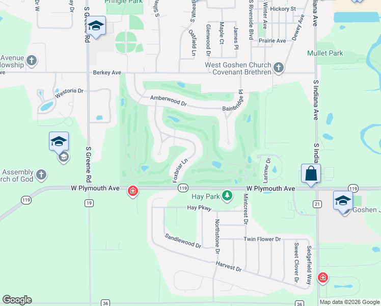map of restaurants, bars, coffee shops, grocery stores, and more near 915 Foxbriar Ln in Goshen