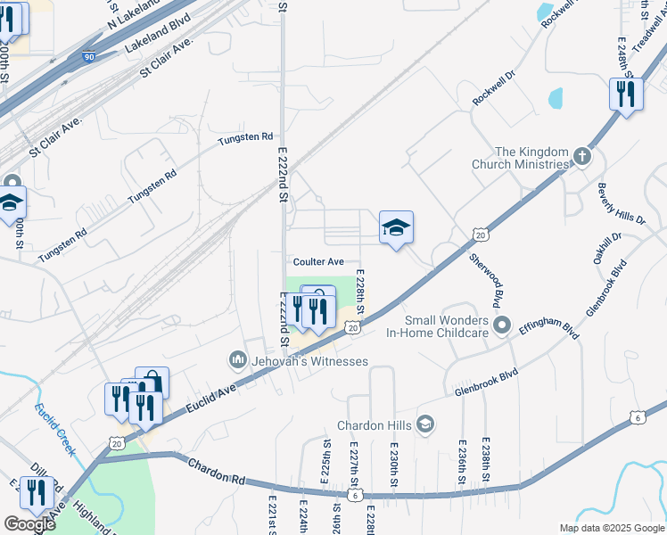 map of restaurants, bars, coffee shops, grocery stores, and more near 22600 Coulter Avenue in Euclid