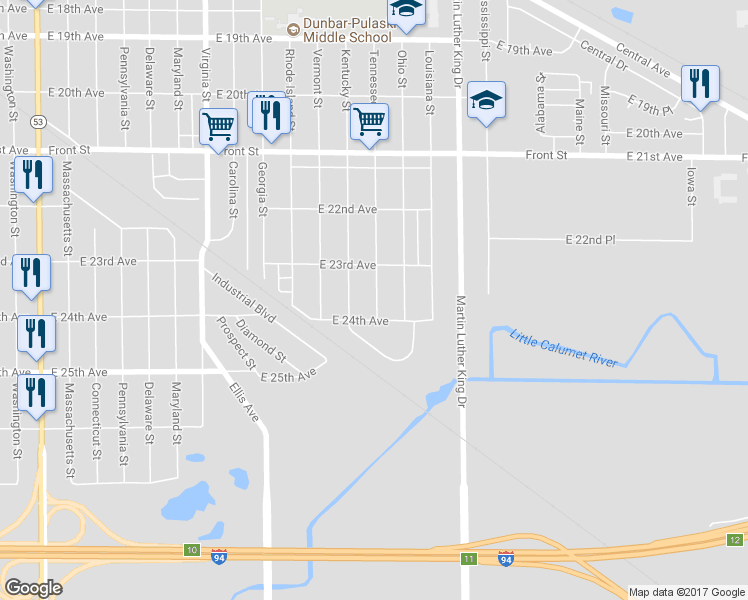 map of restaurants, bars, coffee shops, grocery stores, and more near 2350 Tennessee Street in Gary