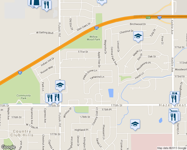 map of restaurants, bars, coffee shops, grocery stores, and more near 3626 Tamarind Ln in Hazel Crest