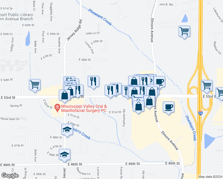 map of restaurants, bars, coffee shops, grocery stores, and more near 2714 East 53rd Street in Davenport