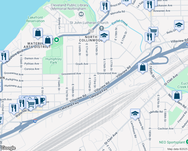 map of restaurants, bars, coffee shops, grocery stores, and more near 17216 Grovewood Avenue in Cleveland