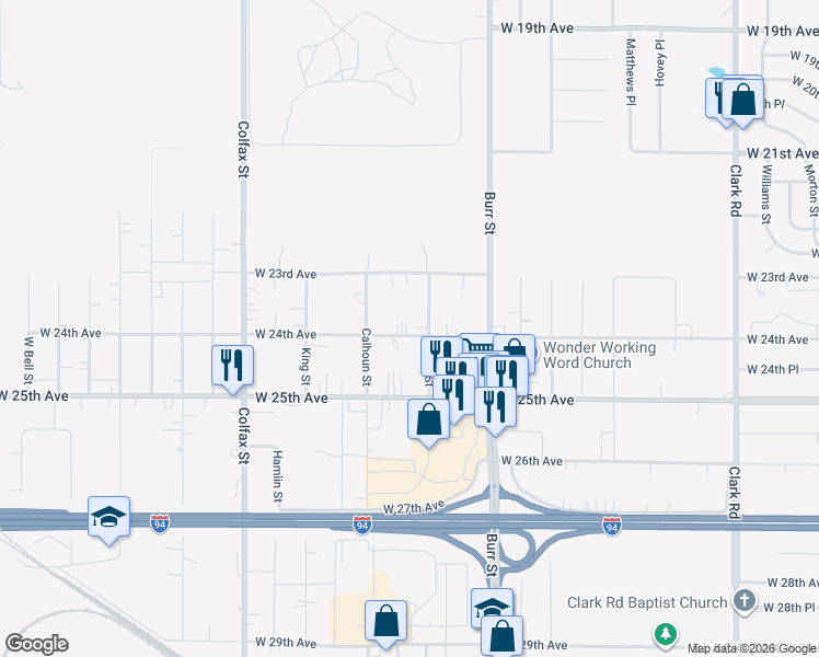 map of restaurants, bars, coffee shops, grocery stores, and more near 5620 West 24th Avenue in Gary