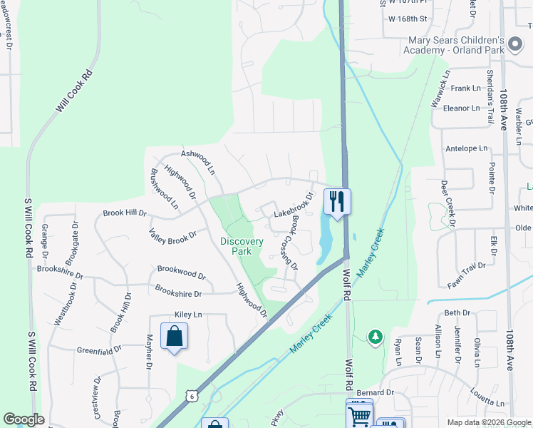 map of restaurants, bars, coffee shops, grocery stores, and more near 16257 Lakebrook Drive in Orland Park