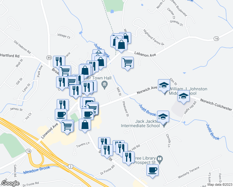 map of restaurants, bars, coffee shops, grocery stores, and more near 116 Mill Street in Colchester