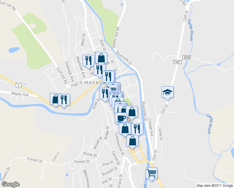 map of restaurants, bars, coffee shops, grocery stores, and more near 1018 Church St in Honesdale