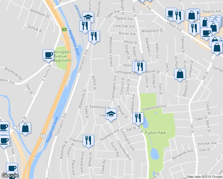 map of restaurants, bars, coffee shops, grocery stores, and more near 409 Farmington Avenue in Waterbury