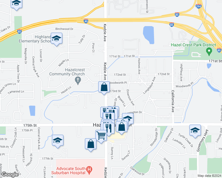 map of restaurants, bars, coffee shops, grocery stores, and more near 3124 173rd Street in Hazel Crest