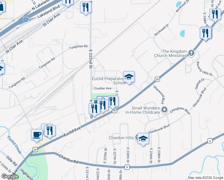 map of restaurants, bars, coffee shops, grocery stores, and more near 22700 Coulter Avenue in Euclid