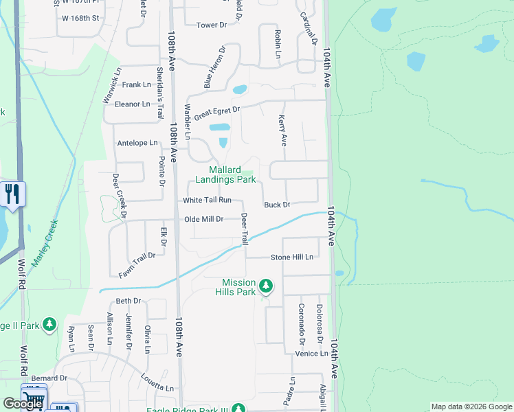 map of restaurants, bars, coffee shops, grocery stores, and more near 17304 Buck Drive in Orland Park