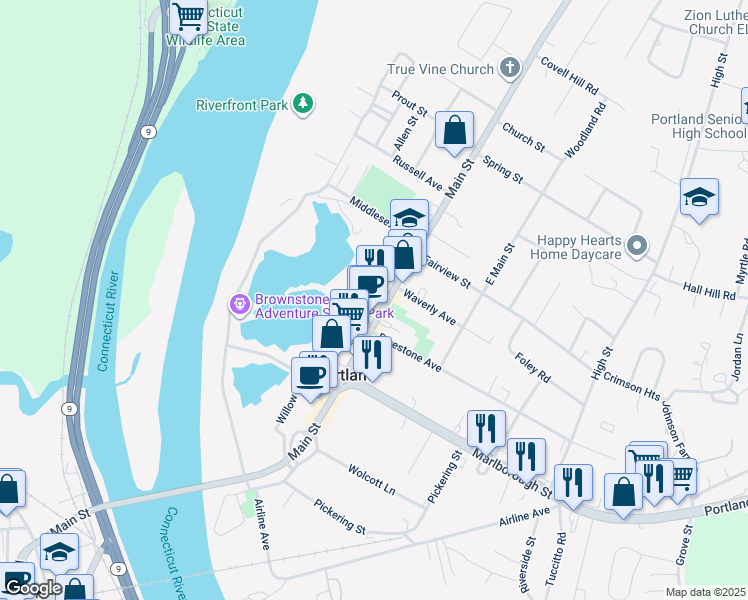 map of restaurants, bars, coffee shops, grocery stores, and more near 260 Main Street in Portland