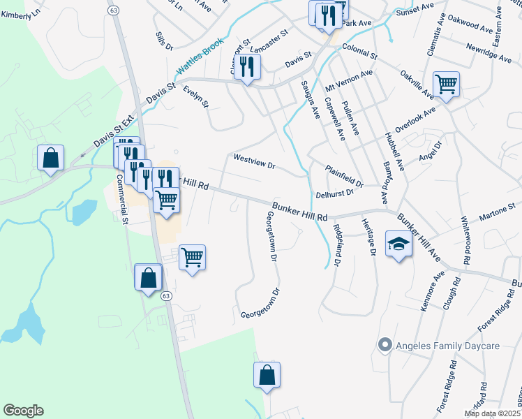 map of restaurants, bars, coffee shops, grocery stores, and more near 200 Bunker Hill Road in Watertown