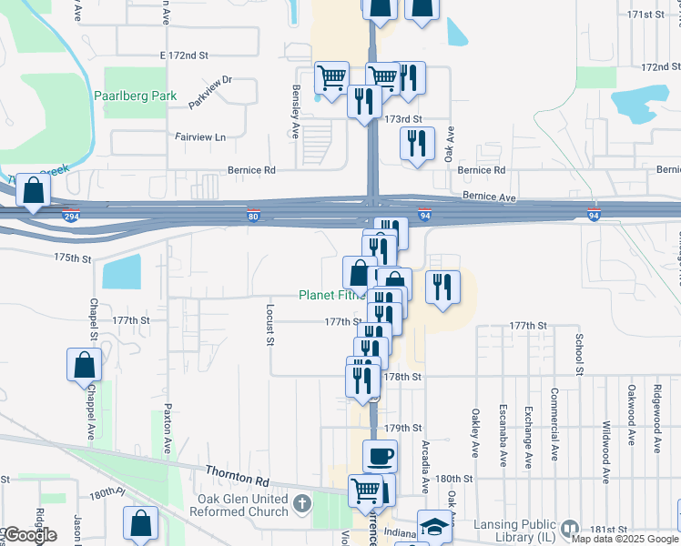 map of restaurants, bars, coffee shops, grocery stores, and more near 3115 Ridge Road in Lansing