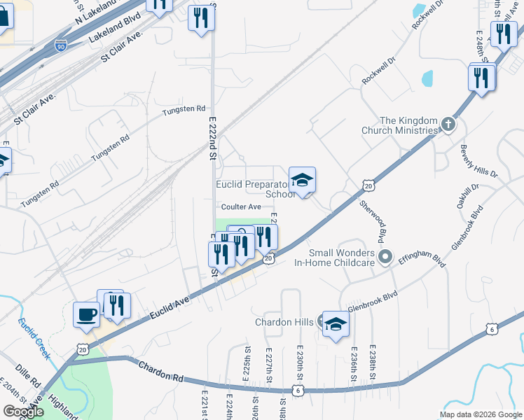 map of restaurants, bars, coffee shops, grocery stores, and more near 22700 Coulter Avenue in Euclid