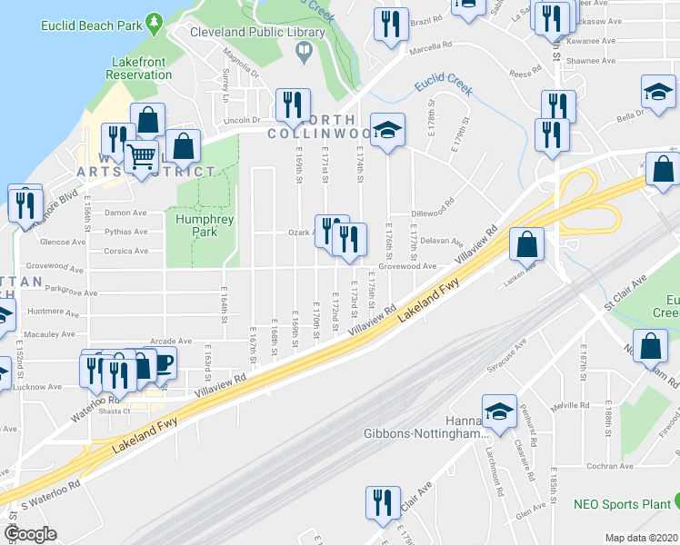 map of restaurants, bars, coffee shops, grocery stores, and more near 17216 Grovewood Avenue in Cleveland