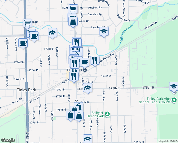 map of restaurants, bars, coffee shops, grocery stores, and more near 6669 South Street in Tinley Park