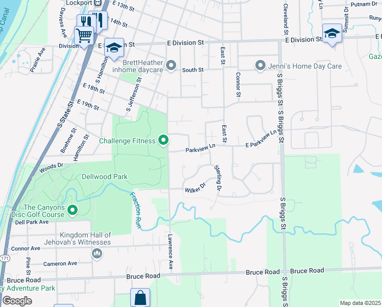 map of restaurants, bars, coffee shops, grocery stores, and more near 533 Parkview Lane in Lockport