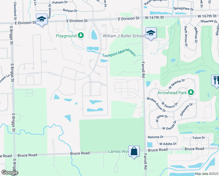 map of restaurants, bars, coffee shops, grocery stores, and more near 17105 Mendota Drive in Lockport