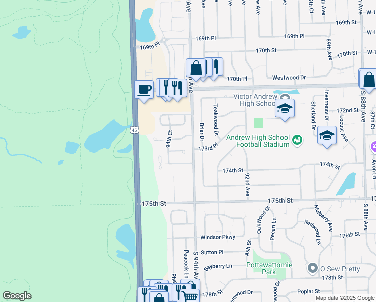 map of restaurants, bars, coffee shops, grocery stores, and more near 9402 Hitchcock Boulevard in Tinley Park