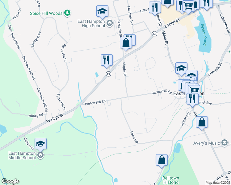 map of restaurants, bars, coffee shops, grocery stores, and more near 62 Barton Hill Road in East Hampton