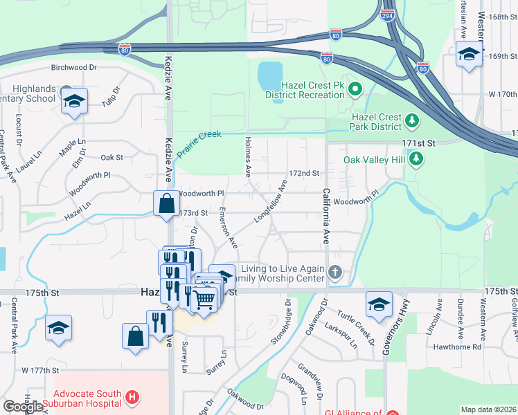 map of restaurants, bars, coffee shops, grocery stores, and more near 17216 Holmes Avenue in Hazel Crest