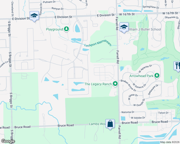 map of restaurants, bars, coffee shops, grocery stores, and more near 17105 Mendota Drive in Lockport