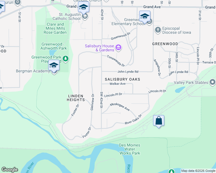 map of restaurants, bars, coffee shops, grocery stores, and more near 4158 Welker Avenue in Des Moines