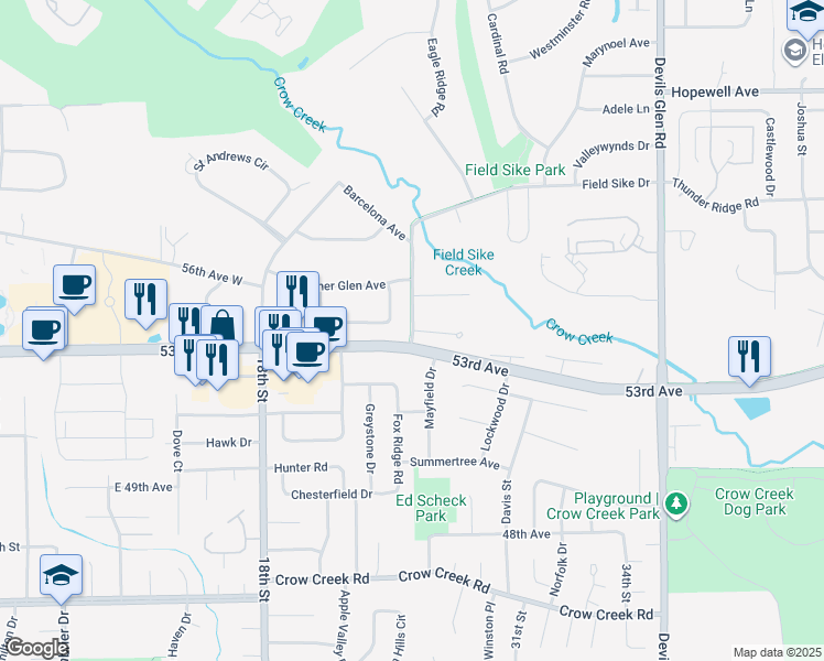 map of restaurants, bars, coffee shops, grocery stores, and more near 5340 Barcelona St in Bettendorf