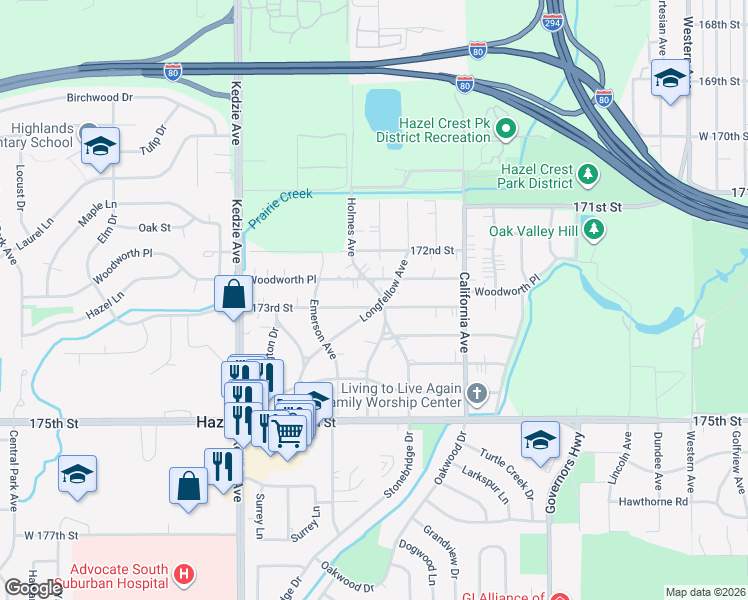 map of restaurants, bars, coffee shops, grocery stores, and more near 17216 Holmes Avenue in Hazel Crest