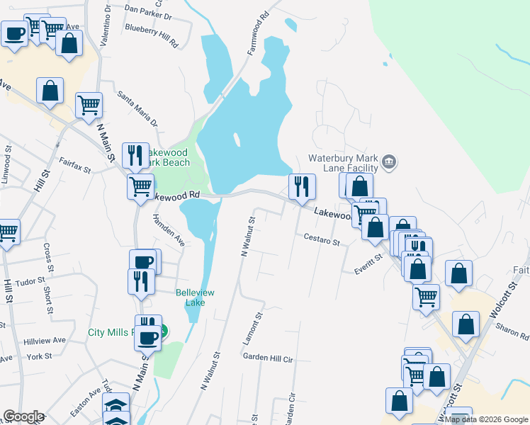 map of restaurants, bars, coffee shops, grocery stores, and more near 179 Rhode Island Avenue in Waterbury