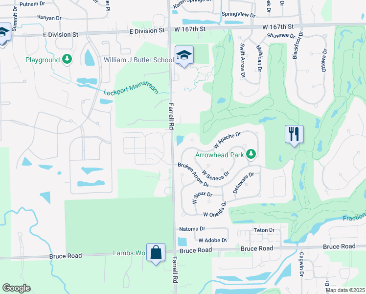 map of restaurants, bars, coffee shops, grocery stores, and more near 16744 West Apache Drive in Lockport