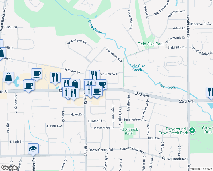map of restaurants, bars, coffee shops, grocery stores, and more near 2641 Heather Glen Circle in Bettendorf