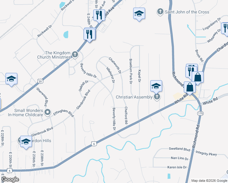 map of restaurants, bars, coffee shops, grocery stores, and more near 1891 Idlehurst Drive in Euclid