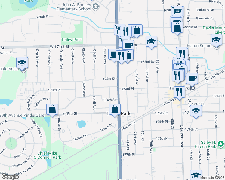 map of restaurants, bars, coffee shops, grocery stores, and more near 17338 South Harlem Avenue in Tinley Park