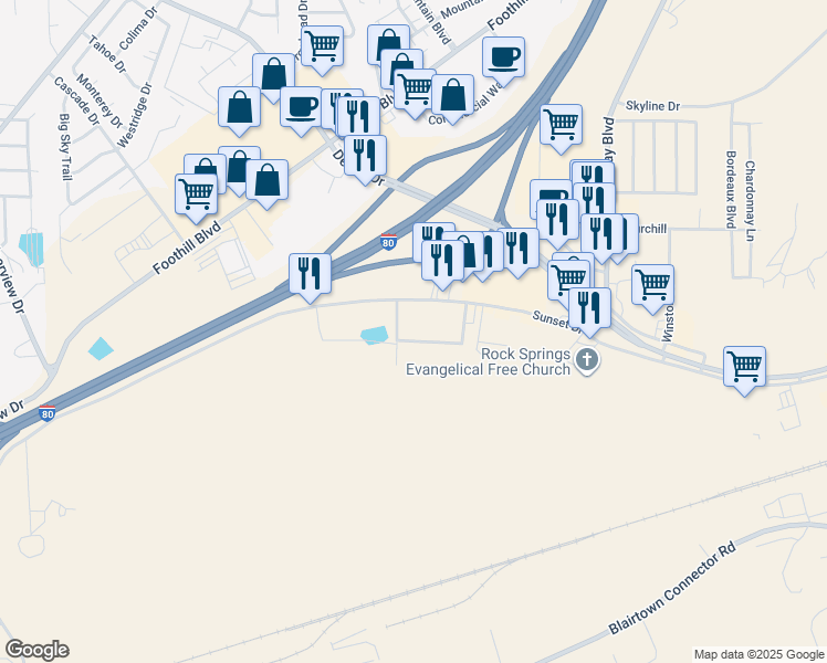 map of restaurants, bars, coffee shops, grocery stores, and more near 1719 Imperial Drive in Rock Springs