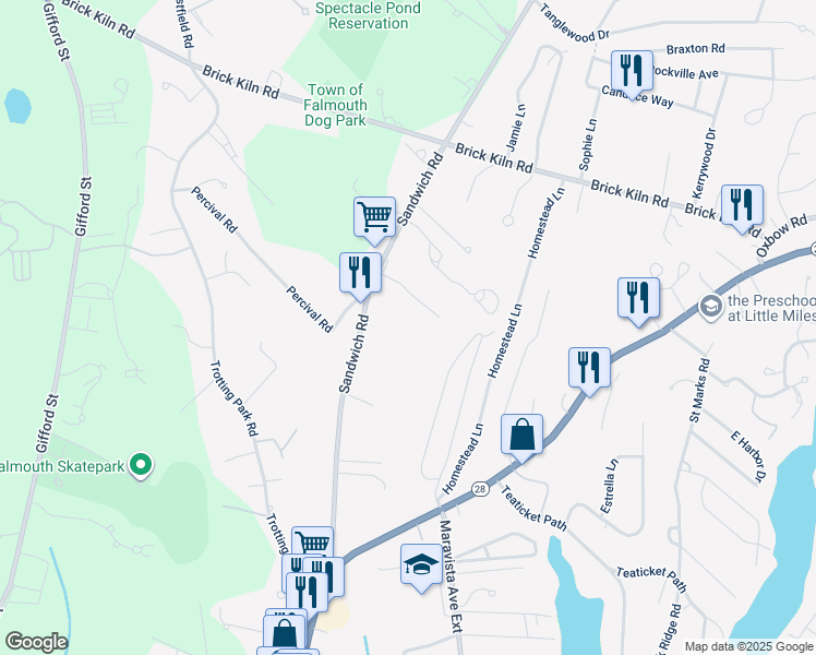 map of restaurants, bars, coffee shops, grocery stores, and more near 149 Sandwich Road in Falmouth
