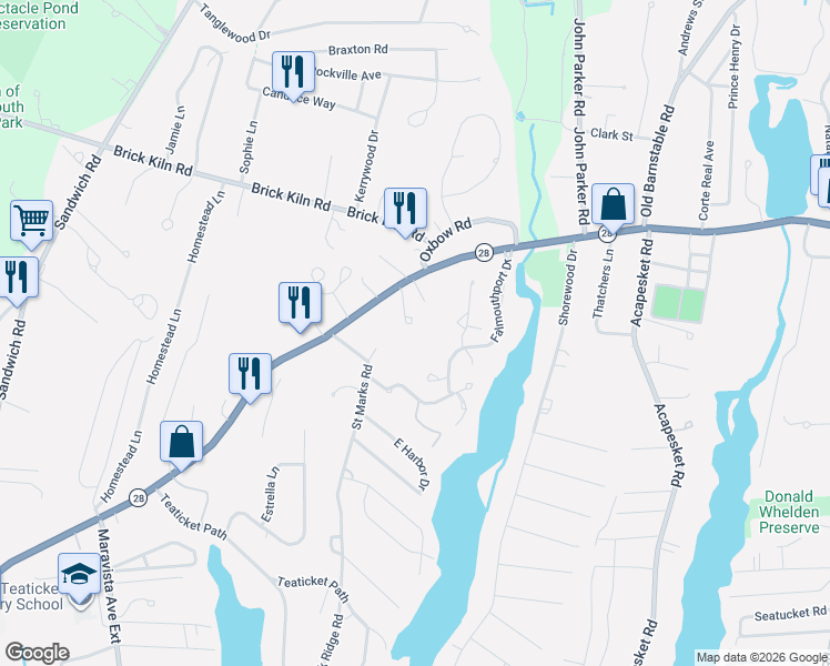 map of restaurants, bars, coffee shops, grocery stores, and more near 7 Santos Way in Falmouth