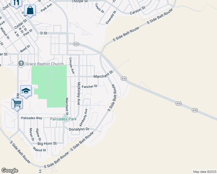 map of restaurants, bars, coffee shops, grocery stores, and more near South Side Belt Route in Rock Springs