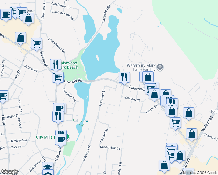 map of restaurants, bars, coffee shops, grocery stores, and more near 179 Rhode Island Avenue in Waterbury