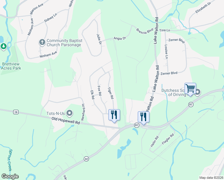 map of restaurants, bars, coffee shops, grocery stores, and more near 24 Tiger Road in Hopewell Junction