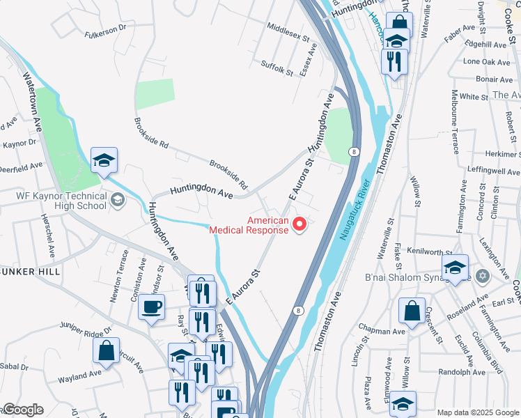 map of restaurants, bars, coffee shops, grocery stores, and more near Huntingdon Place in Waterbury
