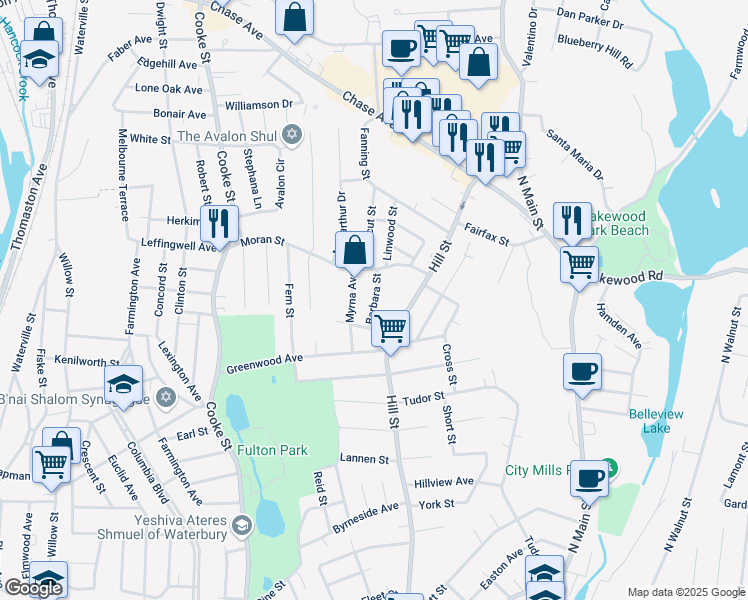 map of restaurants, bars, coffee shops, grocery stores, and more near Barbara Street in Waterbury